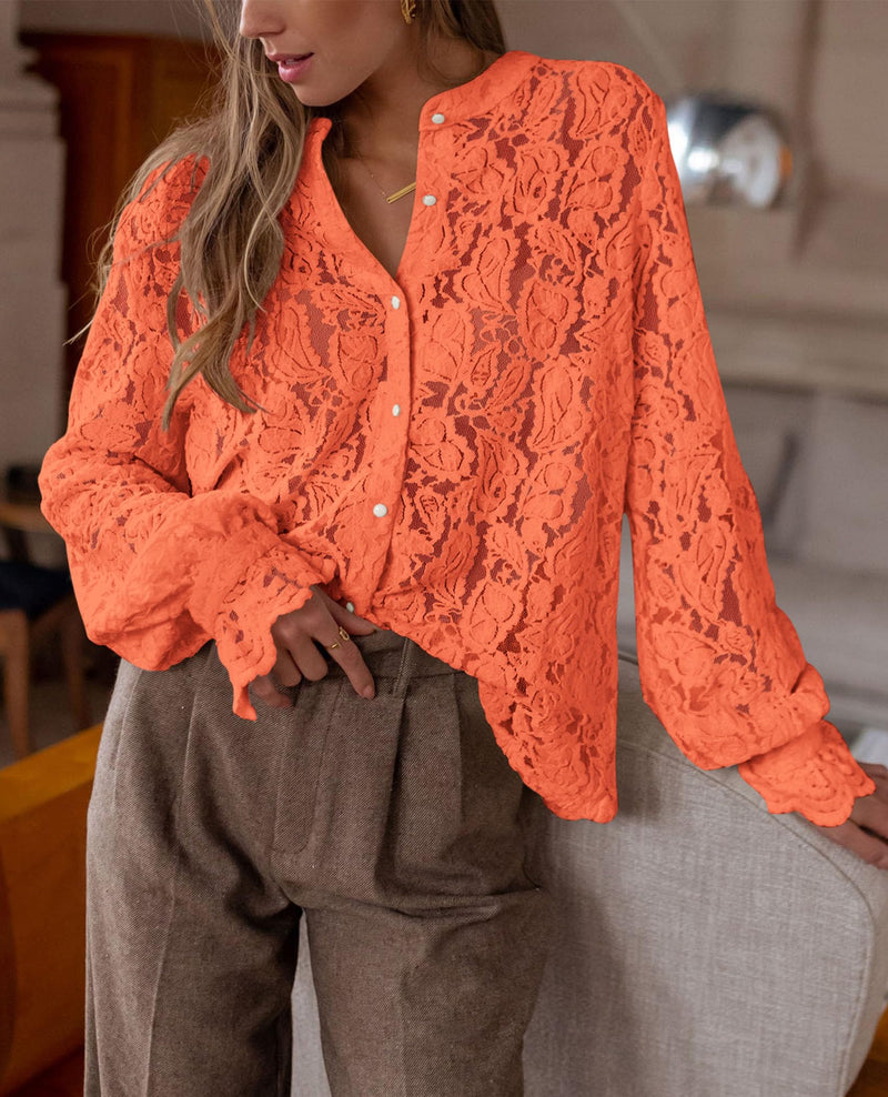 PRETTYGARDEN Women's Dressy Casual Lace Blouse Long Sleeve Button Up Shirts Tops Spring Fall Fashion Clothes