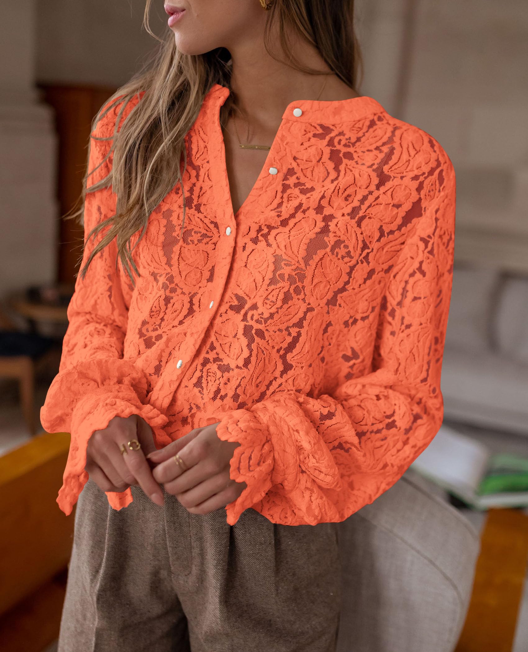 PRETTYGARDEN Women's Dressy Casual Lace Blouse Long Sleeve Button Up Shirts Tops Spring Fall Fashion Clothes