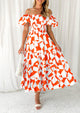 Off Shoulder Puff Sleeve Print Smocked Ruffle Beach Flowy Boho Midi Dress