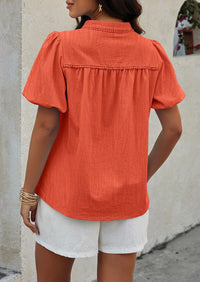 Casual V Neck Short Puff Sleeve Pleated Cotton Loose Blouses