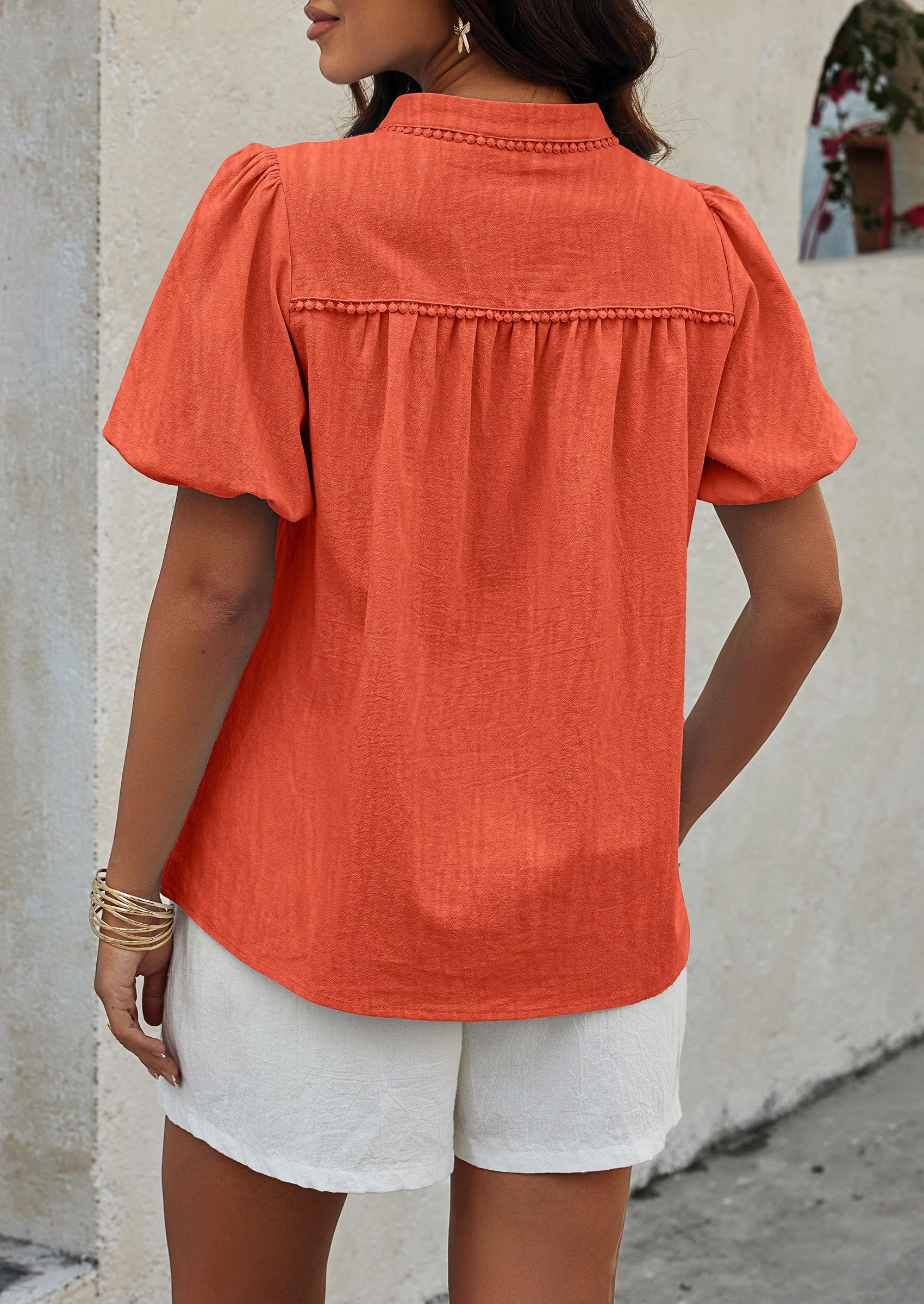 PRETTYGARDEN Womens Casual Summer Tops V Neck Short Puff Sleeve Pleated Cotton T Shirts Loose Dressy Blouses