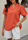 PRETTYGARDEN Womens Casual Summer Tops V Neck Short Puff Sleeve Pleated Cotton T Shirts Loose Dressy Blouses