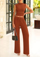 Ribbed Knit Crop Tank Tops Wide Leg Pants 2 Piece Sets