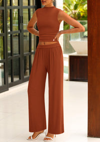 Ribbed Knit Crop Tank Tops Wide Leg Pants 2 Piece Sets