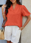 PRETTYGARDEN Womens Casual Summer Tops V Neck Short Puff Sleeve Pleated Cotton T Shirts Loose Dressy Blouses