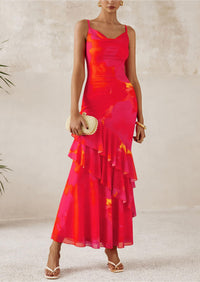 Tiered Floral Beach Spaghetti Strap Maxi Dresses