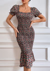 PRETTYGARDEN Bodycon Midi Dresses Summer Floral Puff Sleeve Mermaid Cocktail Baby Shower Photoshoot Maternity Dress
