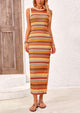 Sleeveless Crew Neck Striped Side Slit Bodycon Casual Maxi Dresses