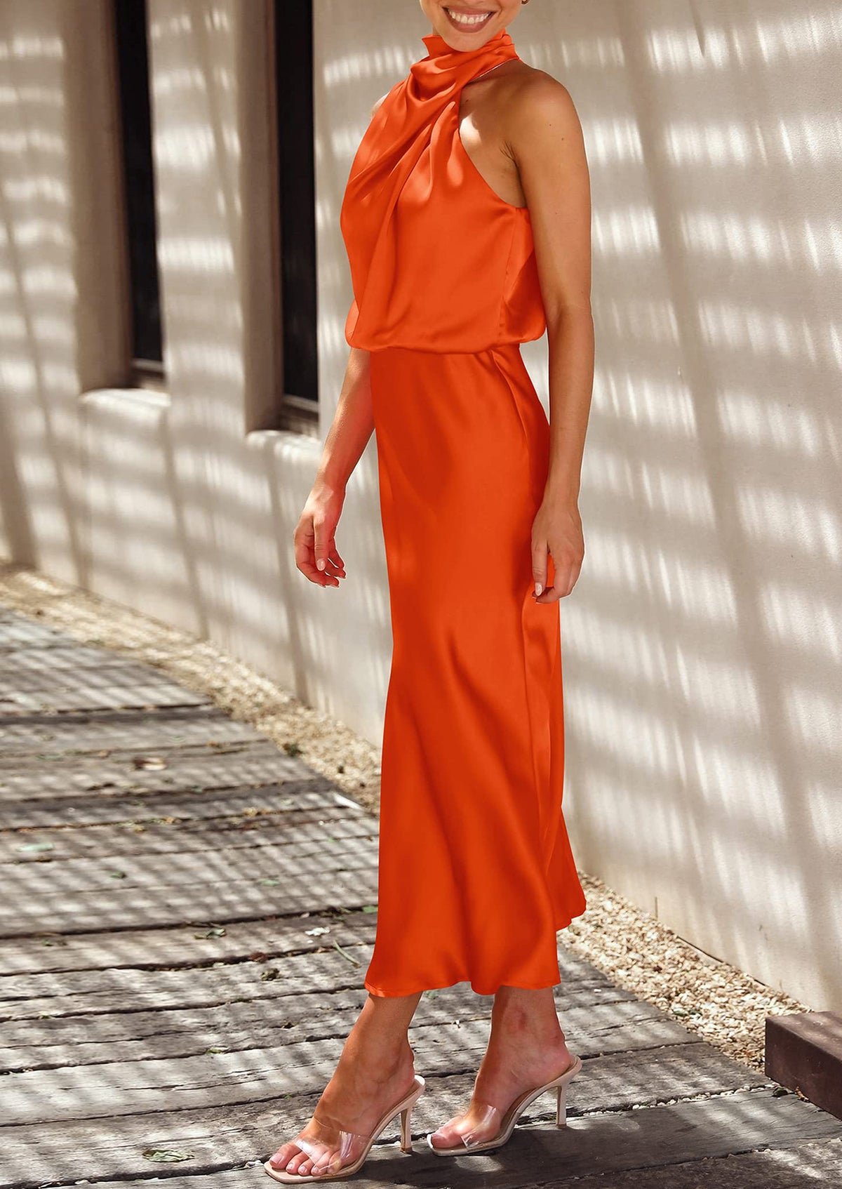 Satin sleeveless stand up collar party long dress