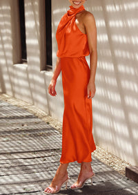 Satin sleeveless stand up collar party long dress