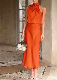 Satin sleeveless stand up collar party long dress