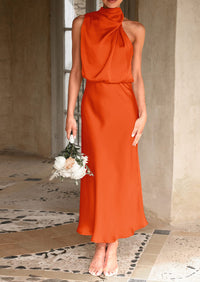 Satin sleeveless stand up collar party long dress