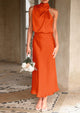 Satin sleeveless stand up collar party long dress