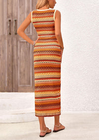 Sleeveless Crew Neck Striped Side Slit Bodycon Casual Maxi Dresses