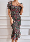 PRETTYGARDEN Bodycon Midi Dresses Summer Floral Puff Sleeve Mermaid Cocktail Baby Shower Photoshoot Maternity Dress