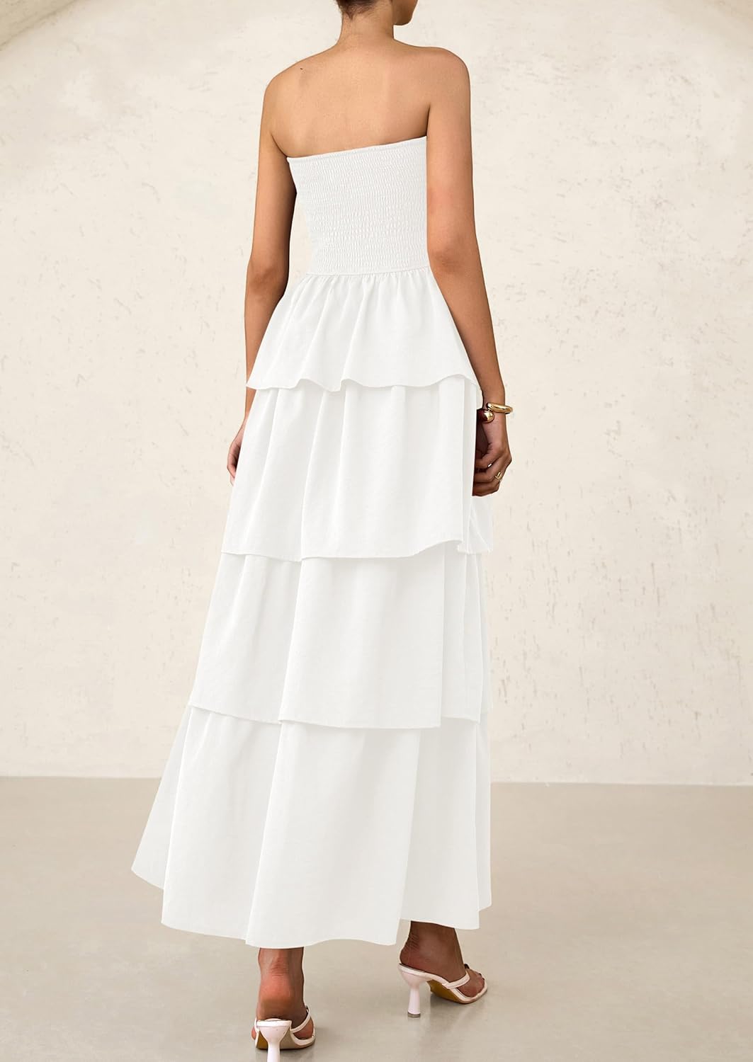 Off Shoulder Smocked Tiered Ruffle Long Flowy Casual Beach Maxi Dress