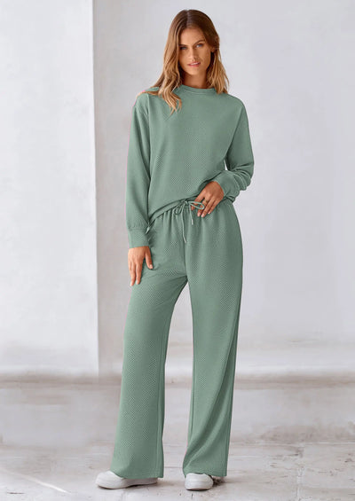 PRETTYGARDEN 2 Piece Long Sleeve Pullover Tops and Wide Leg Pants Knitted Lounge Sets PRETTYGARDEN