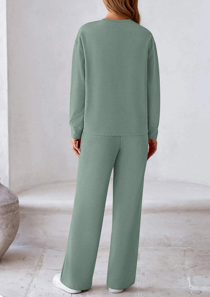 PRETTYGARDEN 2 Piece Long Sleeve Pullover Tops and Wide Leg Pants Knitted Lounge Sets PRETTYGARDEN