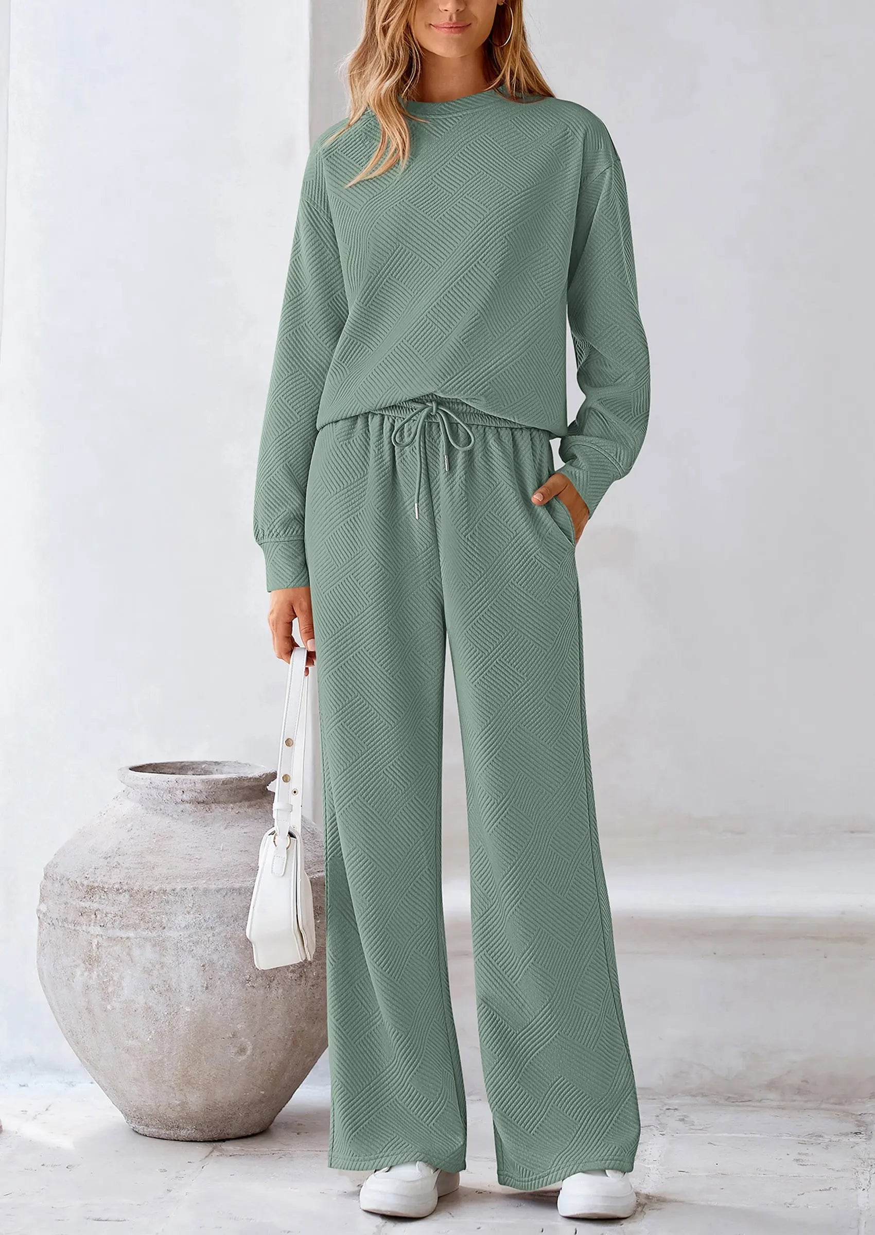 PRETTYGARDEN 2 Piece Long Sleeve Pullover Tops and Wide Leg Pants Knitted Lounge Sets PRETTYGARDEN