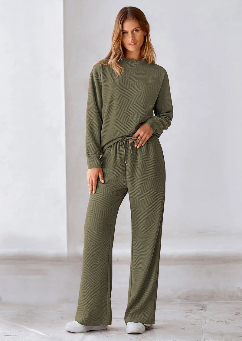 PRETTYGARDEN 2 Piece Long Sleeve Pullover Tops and Wide Leg Pants Knitted Lounge Sets PRETTYGARDEN