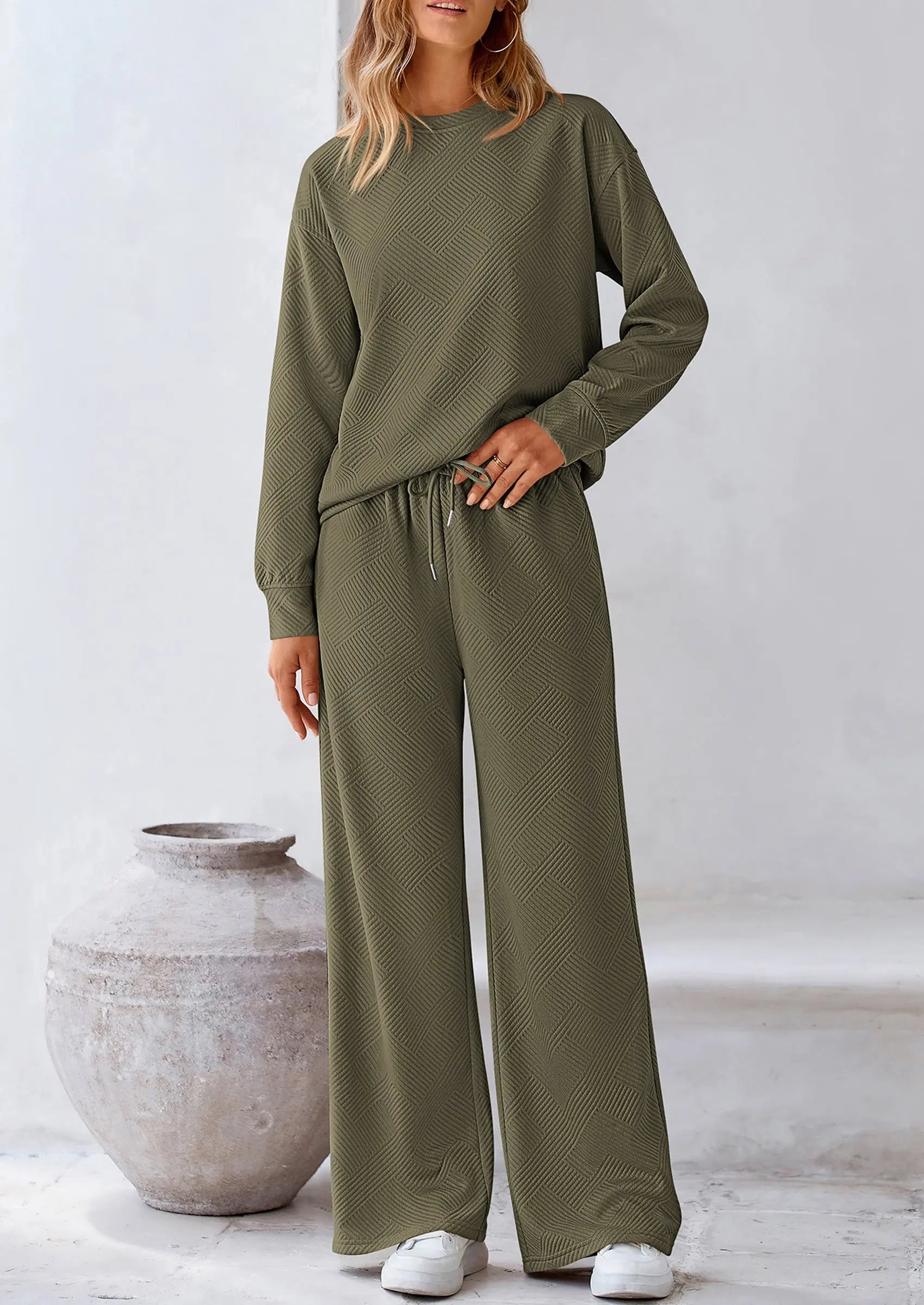 PRETTYGARDEN 2 Piece Long Sleeve Pullover Tops and Wide Leg Pants Knitted Lounge Sets PRETTYGARDEN
