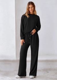 PRETTYGARDEN 2 Piece Long Sleeve Pullover Tops and Wide Leg Pants Knitted Lounge Sets PRETTYGARDEN