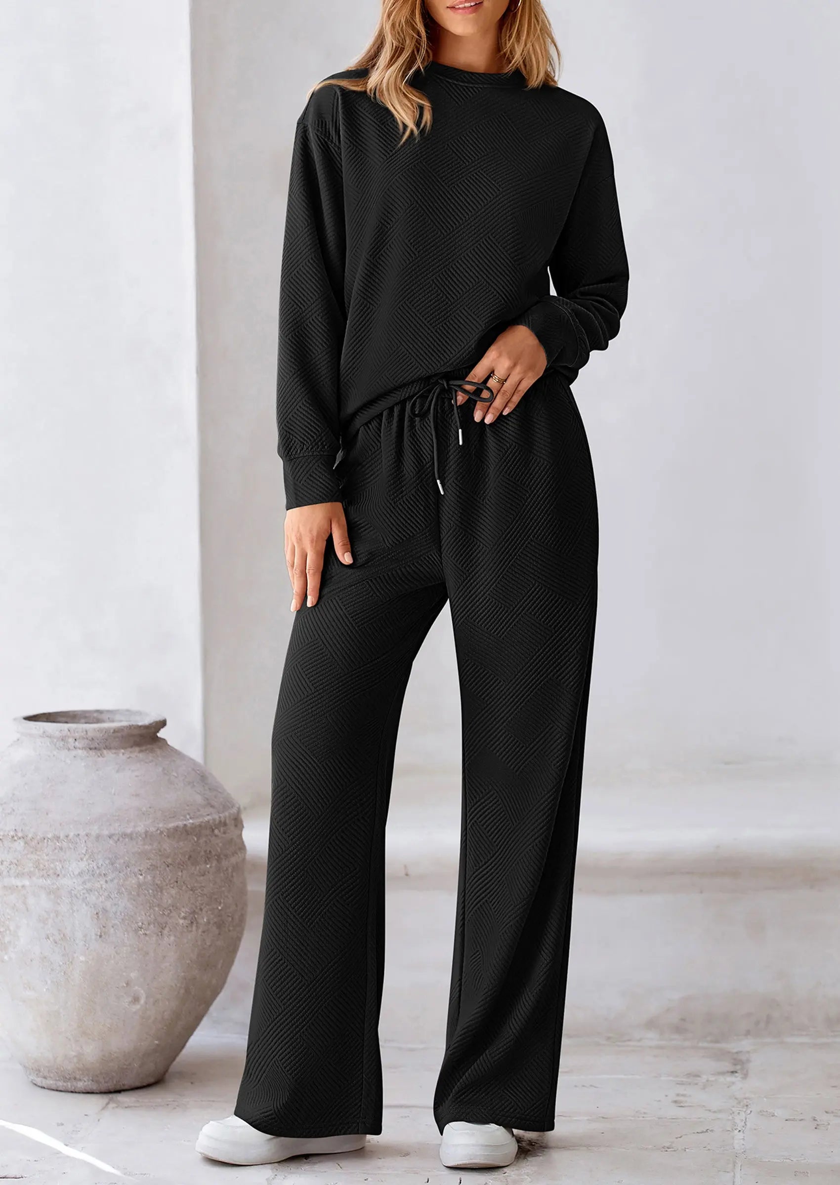 PRETTYGARDEN 2 Piece Long Sleeve Pullover Tops and Wide Leg Pants Knitted Lounge Sets PRETTYGARDEN