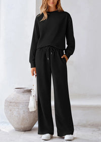 PRETTYGARDEN 2 Piece Long Sleeve Pullover Tops and Wide Leg Pants Knitted Lounge Sets PRETTYGARDEN