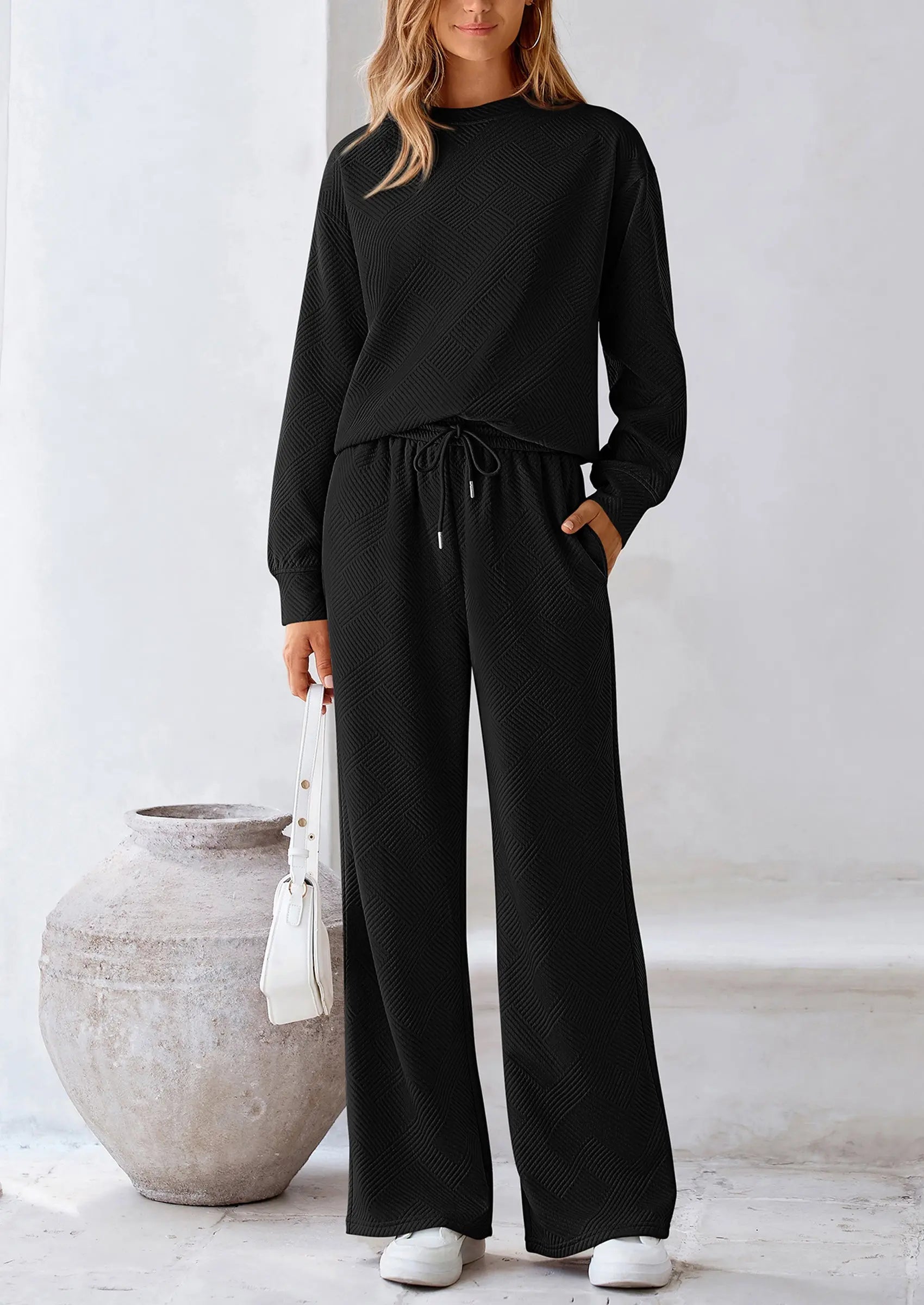 PRETTYGARDEN 2 Piece Long Sleeve Pullover Tops and Wide Leg Pants Knitted Lounge Sets PRETTYGARDEN