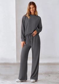 PRETTYGARDEN 2 Piece Long Sleeve Pullover Tops and Wide Leg Pants Knitted Lounge Sets PRETTYGARDEN