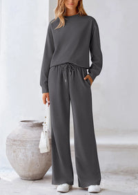 PRETTYGARDEN 2 Piece Long Sleeve Pullover Tops and Wide Leg Pants Knitted Lounge Sets PRETTYGARDEN