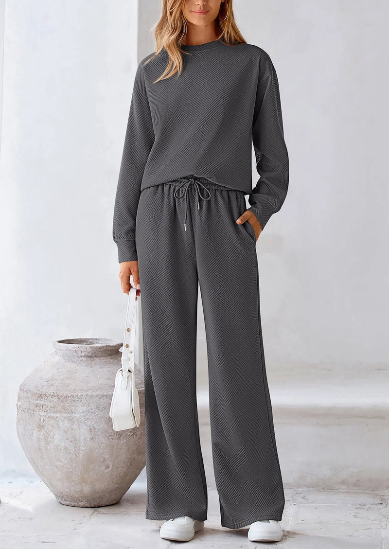 PRETTYGARDEN 2 Piece Long Sleeve Pullover Tops and Wide Leg Pants Knitted Lounge Sets PRETTYGARDEN