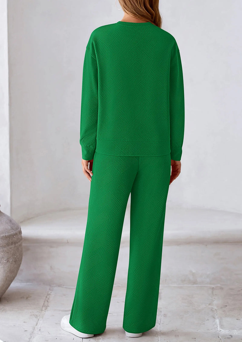 PRETTYGARDEN 2 Piece Long Sleeve Pullover Tops and Wide Leg Pants Knitted Lounge Sets PRETTYGARDEN