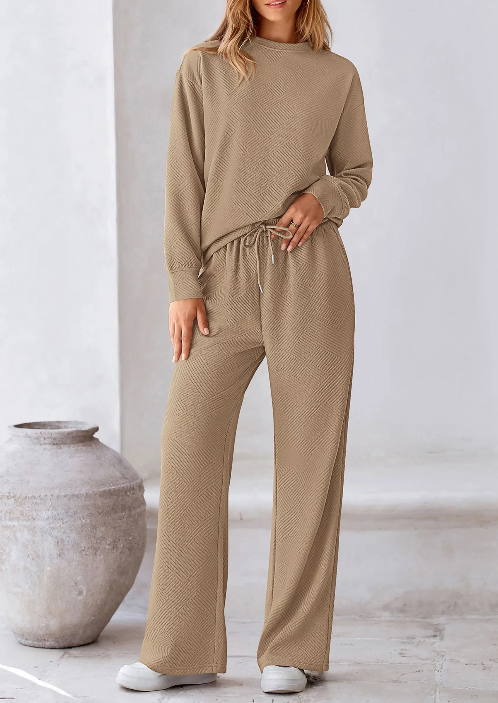 PRETTYGARDEN 2 Piece Long Sleeve Pullover Tops and Wide Leg Pants Knitted Lounge Sets PRETTYGARDEN