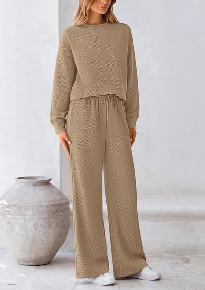 PRETTYGARDEN 2 Piece Long Sleeve Pullover Tops and Wide Leg Pants Knitted Lounge Sets PRETTYGARDEN