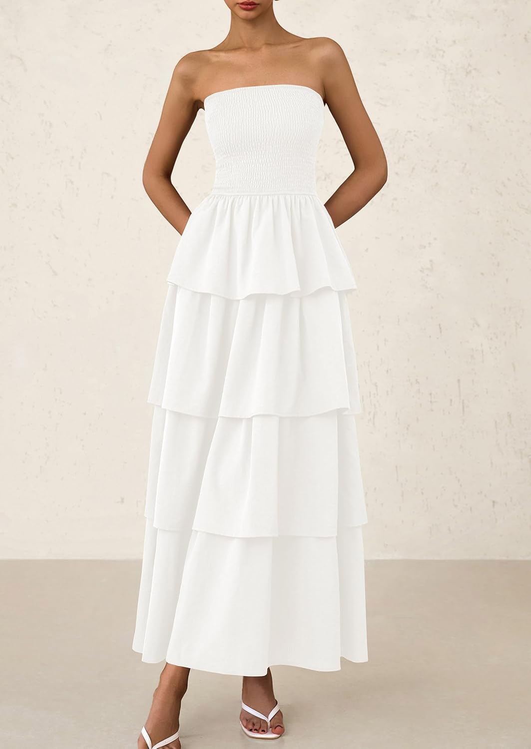 Off Shoulder Smocked Tiered Ruffle Long Flowy Casual Beach Maxi Dress