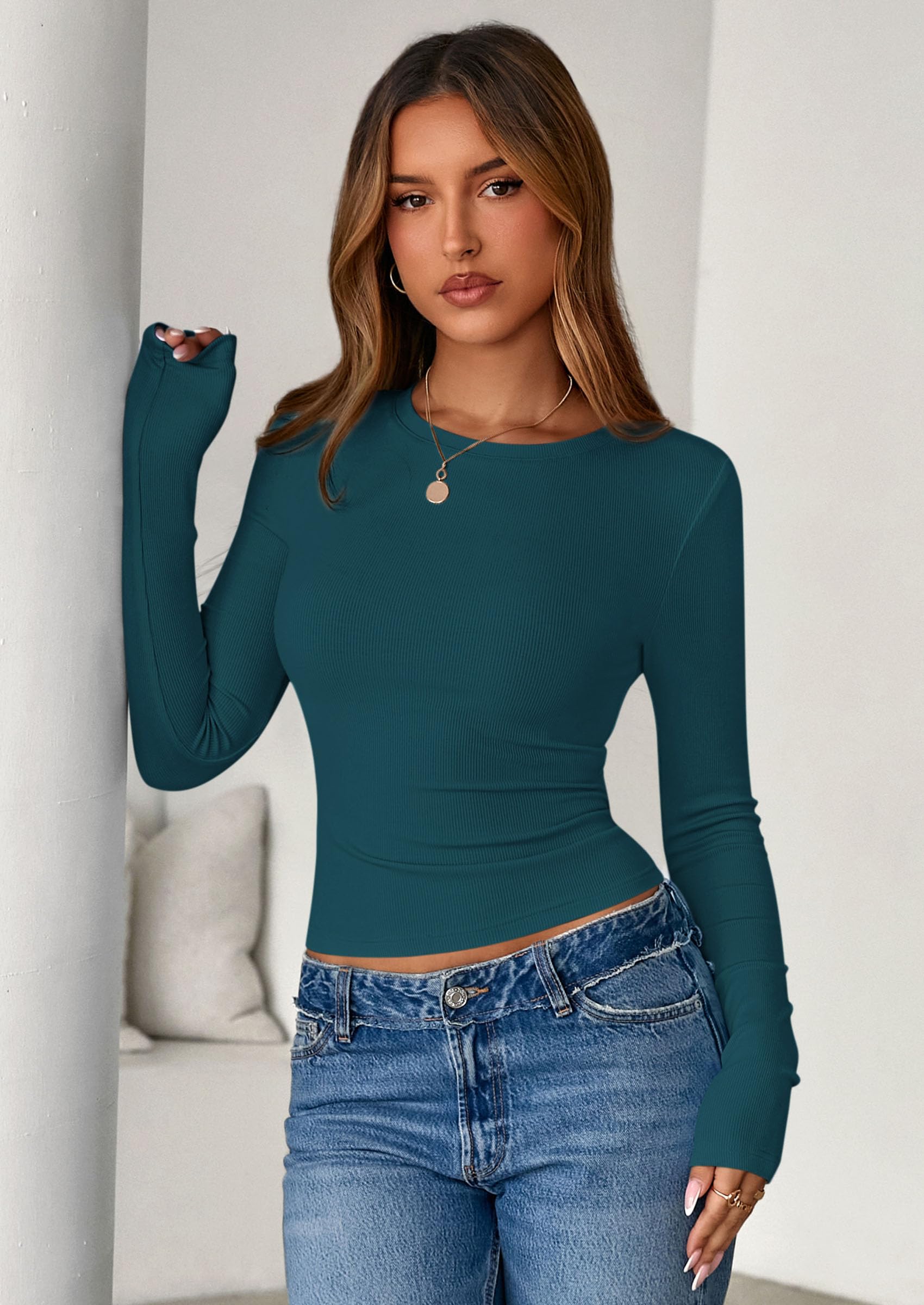 PRETTYGARDEN Womens Summer Fall Long Sleeve Shirts Ribbed Knit Fitted Basic Tee Going Out Tops Underscrub Casual Outfits