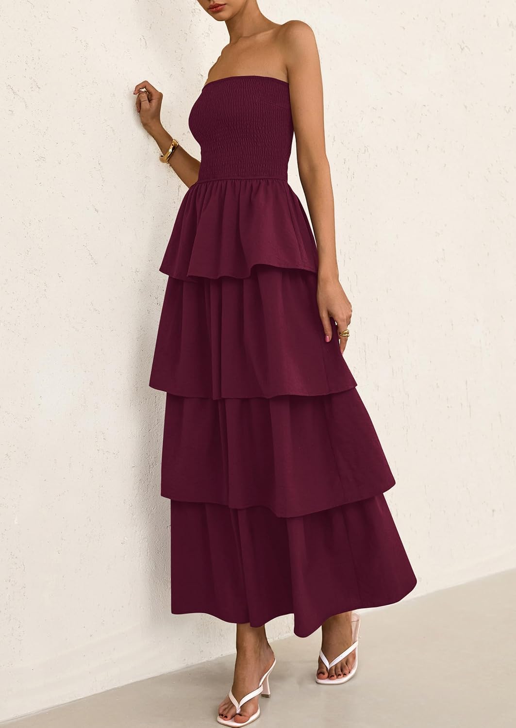 Off Shoulder Smocked Tiered Ruffle Long Flowy Casual Beach Maxi Dress