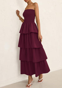 Off Shoulder Smocked Tiered Ruffle Long Flowy Casual Beach Maxi Dress