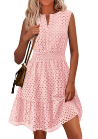 Sleeveless V Neck Eyelet Hollow Out Swing A Line Beach Vacation Dresses