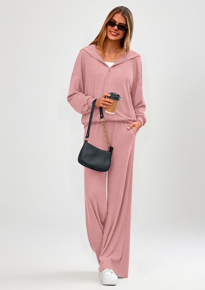 PRETTYGARDEN Women's 2 Piece Fall Lounge Sets Zip Up Hoodie Wide Leg Pants Tracksuit Matching Travel Outfits Clothes