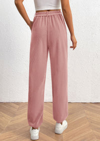 Elastic High Waisted Work Office Corduroy Casual Pants with Pockets
