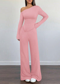 PRETTYGARDEN Casual Two Piece Sets for Women Fall Outfits Asymmetrical Off Shoulder Tops Wide Leg Pants Knit Lounge Set