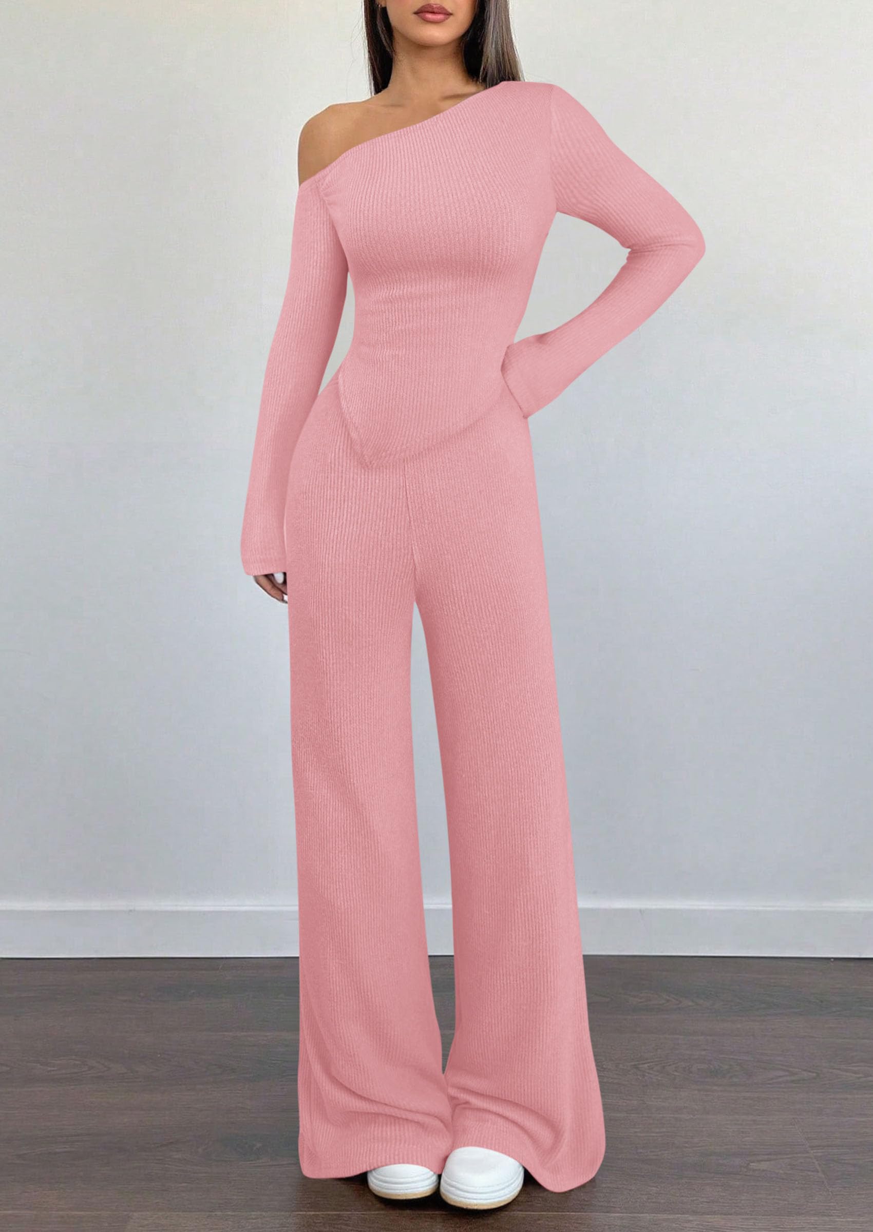 PRETTYGARDEN Casual Two Piece Sets for Women Fall Outfits Asymmetrical Off Shoulder Tops Wide Leg Pants Knit Lounge Set