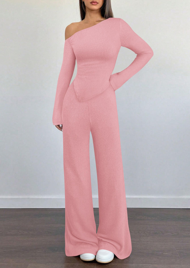 PRETTYGARDEN Casual Two Piece Sets for Women Fall Outfits Asymmetrical Off Shoulder Tops Wide Leg Pants Knit Lounge Set