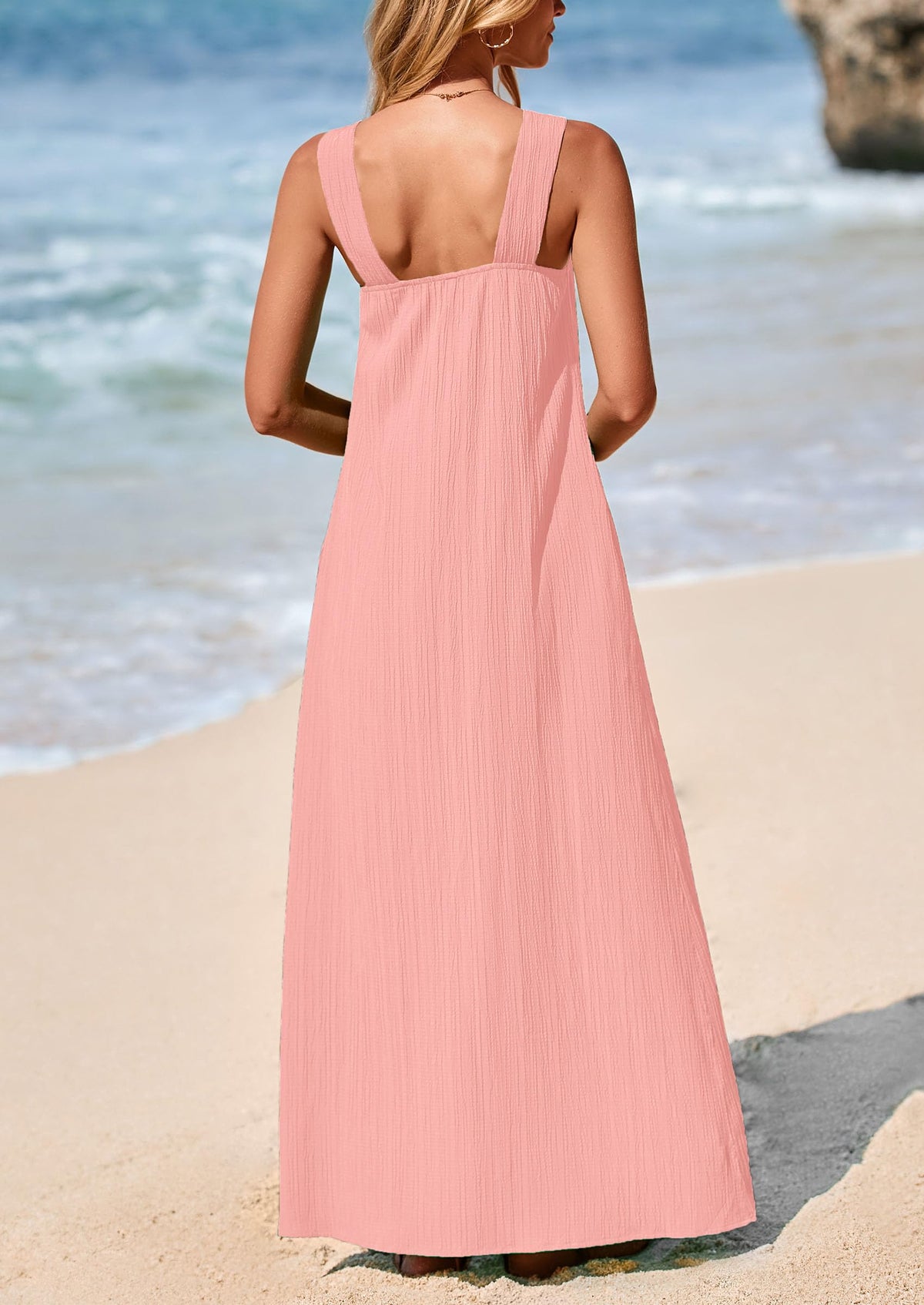 Casual Sleeveless Strappy Loose Flowy Beach Maxi Dress with Pockets