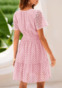 V Neck Short Sleeve A Line Hollow Out Lace Ruffle Casual Beach Party Mini Dresses