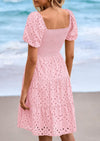PRETTYGARDEN Womens Summer Puff Sleeve Mini Dress Off Shoulder Eyelet Smocked A Line Casual Babydoll Short Dresses