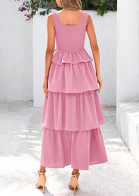 Sleeveless Scoop Neck Smocked A Line Tiered Beach Midi Dress