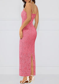 Elegant Spaghetti Strap Lace Floral Bodycon Maxi Dress